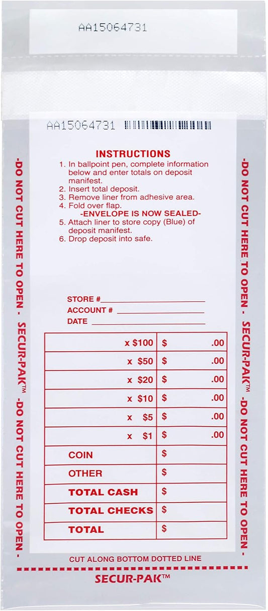 100pk Drop Safe Cash Deposit Bag, 4.5"x9" Transparent, Tamper Resistant Closure with Serialized Numbers
