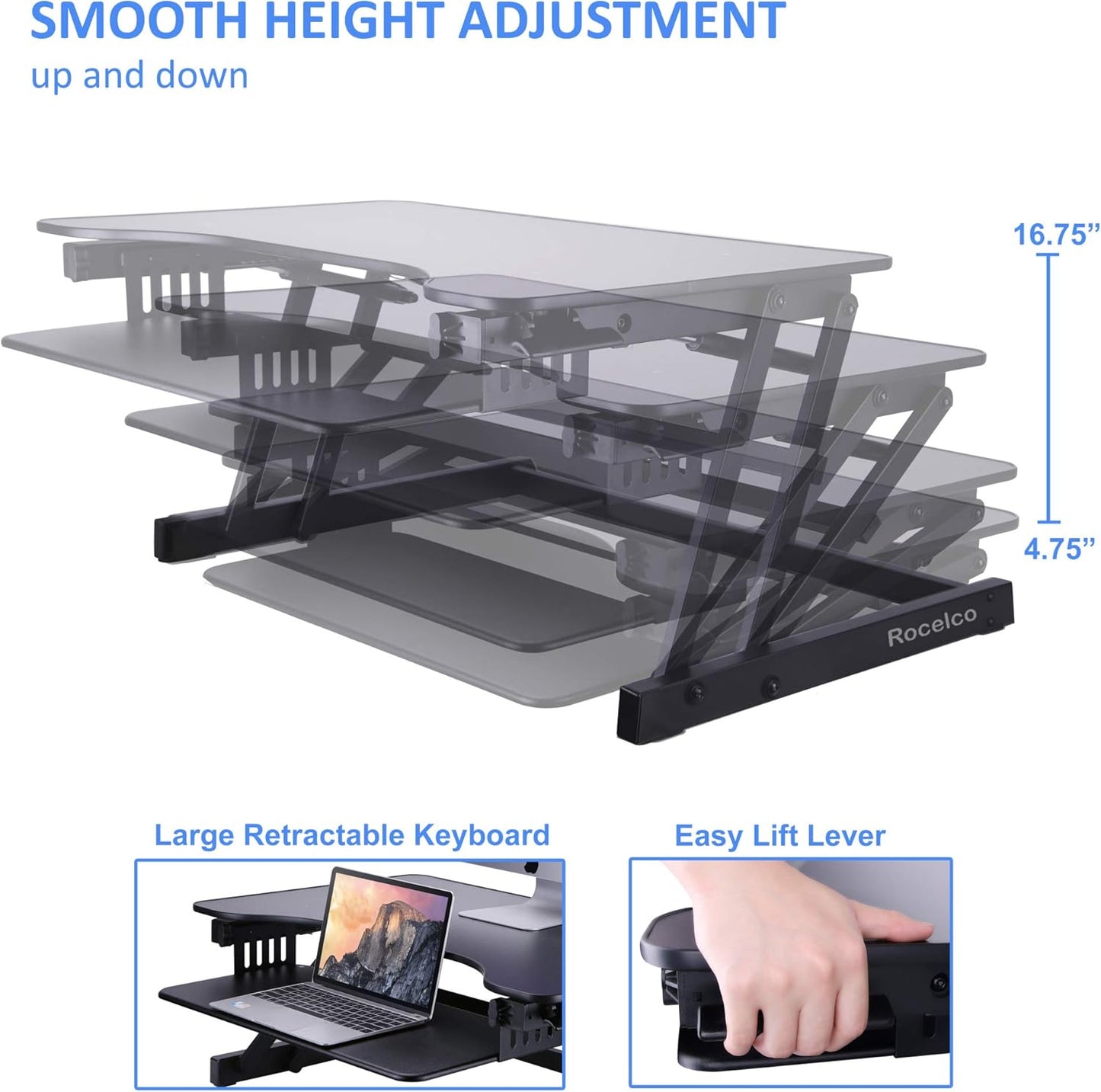 Rocelco 32" Height Adjustable Standing Desk Converter - Slide Out Retractable Keyboard Tray - Sit Stand Up Double Monitor Riser - Dual Piston Lift Assist Tabletop Computer Workstation - Black (R ADRB)
