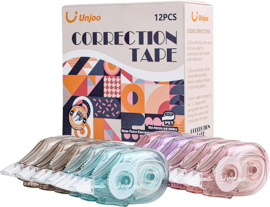 White Correction Tape Dispenser, 12-Count Pack, Easy To Use Applicator, Fast, Clean Tear-Resistant Tape For school Supplies, Office (6M/256, 4 colors, Tape Width 0.2in)