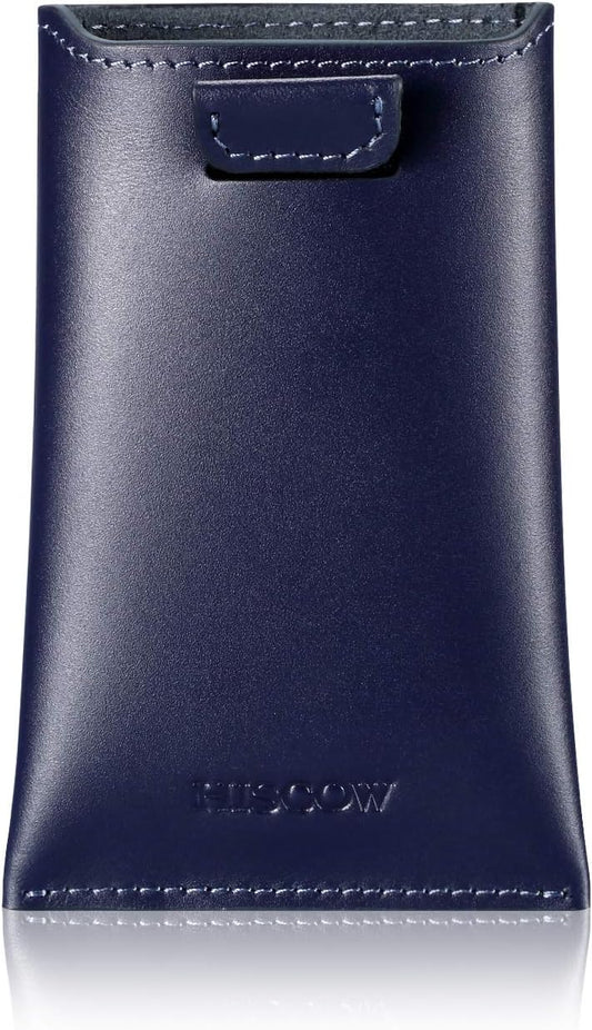 HISCOW Business Card Holder with Flap for Dispensing Cards - Italian Calfskin (Dark Blue)