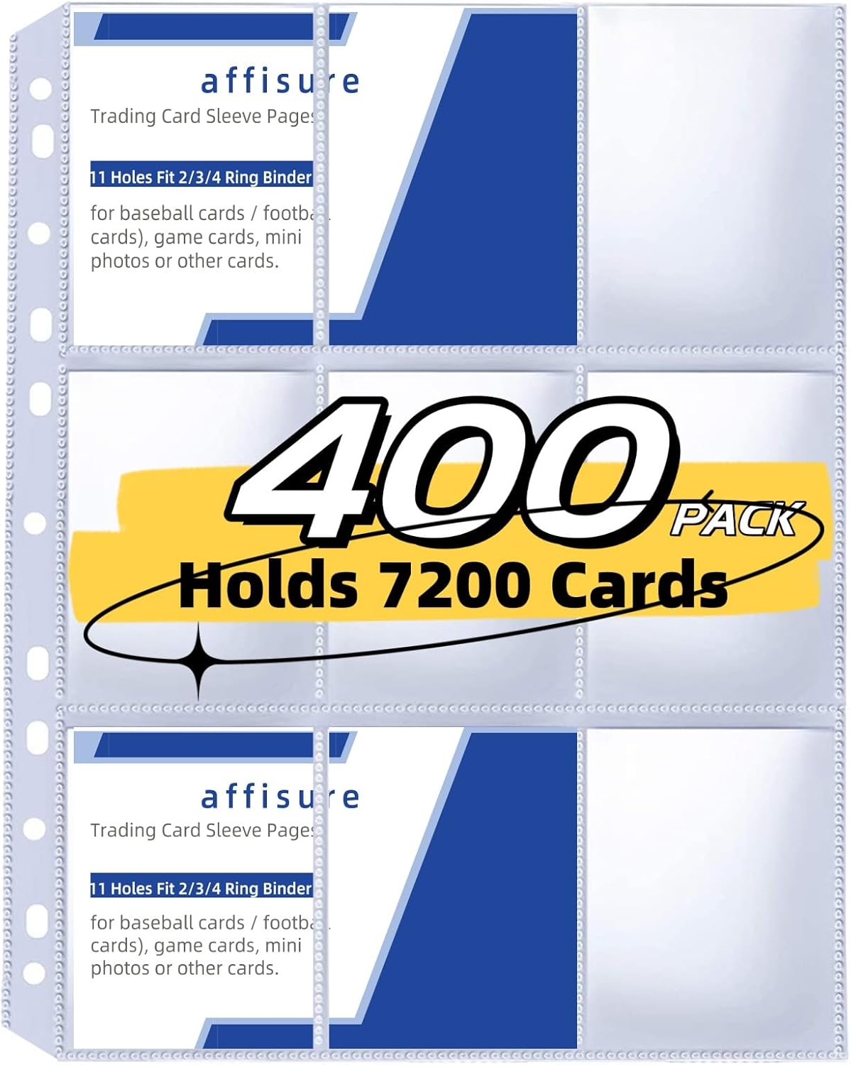 400 Pack 9 Pocket Trading Card Binder Pages, Holds 7200 Cards, Thickened Binder Sleeves, 3 Ring 9 Pocket Sheets for Sports Cards, Coupons Cards