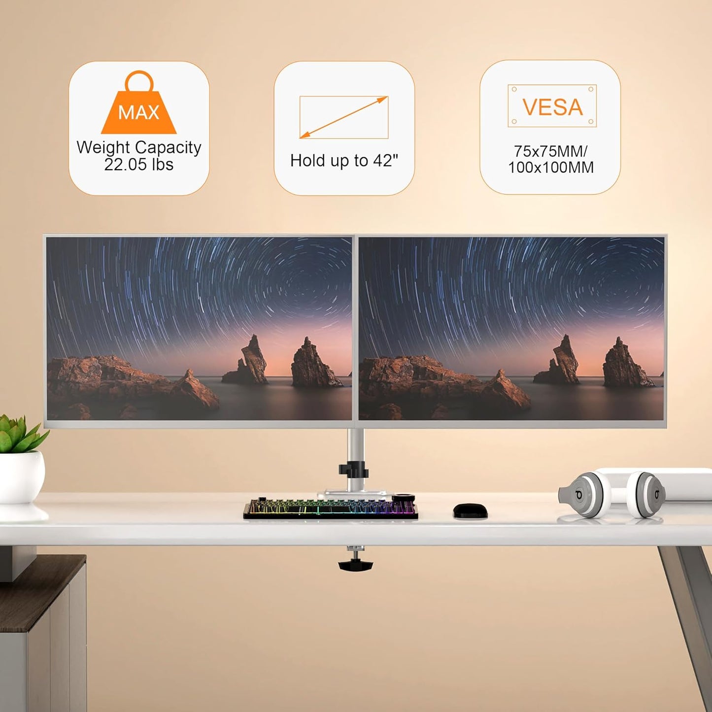 Pholiten Dual Monitor Stand, Heavy Duty Adjustable Monitor Arm Desk Mount for 2 Screens up to 42Inches, Tilt, Swivel, Rotate, Supports Tilt, Swivel, Rotate, Supports 22 lbs per Arm,Silver
