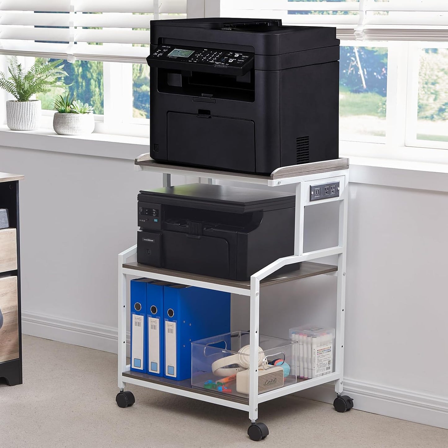 Lauren&Harold 34'' Printer Stand with Power Outlets & USB Ports, 3-Tier Adjustable Rolling Cart, Heavy Duty 150LBS Storage Table with Wheels for Office, Kitchen, Living Room, Grey/White