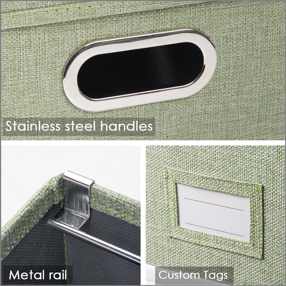 PRANDOM File Organizer Box - Set of 4 Collapsible Decorative Linen Filing Storage Hanging File Folders with Lids Office Cabinet Letter Size Green (14x9.3x10.8 inch)