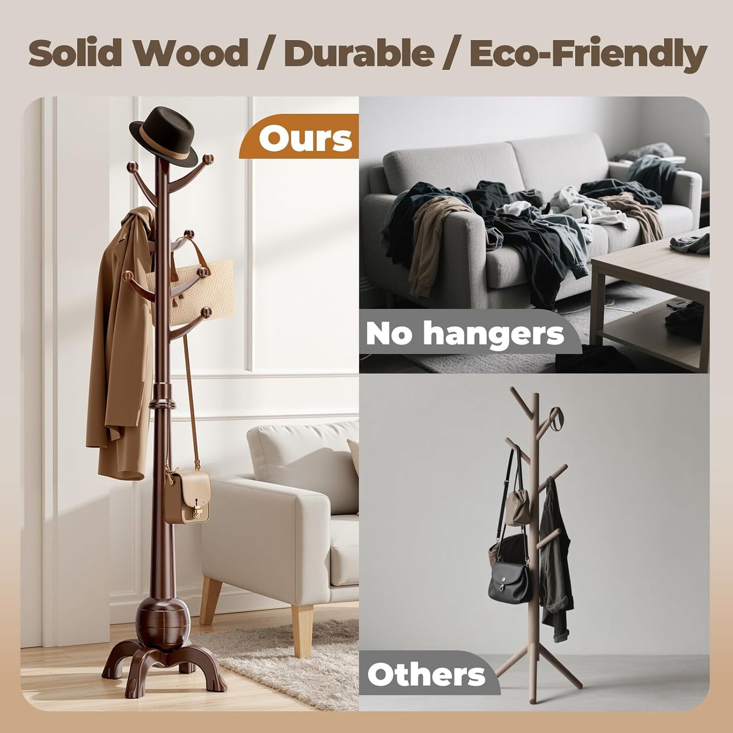 Wood Coat Rack Freestanding, Solid Wooden Hall Tree with 8 Hooks, Coat Tree Freestanding Heavy Duty with Stable Base, Entryway Hallway Bedroom Office Use, 240lbs Load Capacity H:71.6in (Natural)