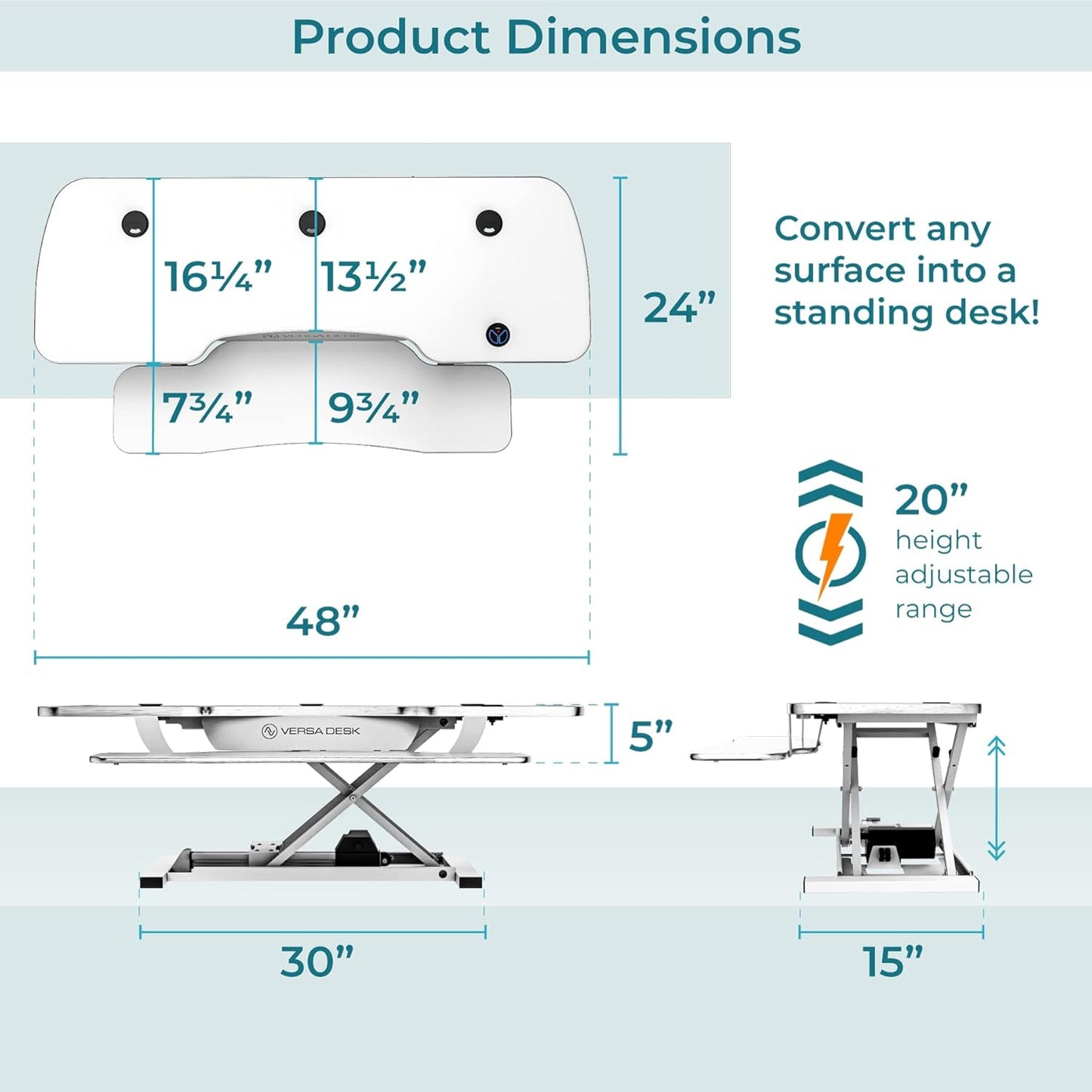 VERSADESK® PowerPro™ 48 Inch Extra Wide Standing Desk Converter, PowerPro™ Electric Height Adjustable Sit to Stand Desk Riser with Keyboard Tray, Build-in USB Charging Outlet, Hold 80 lbs, (48", White)