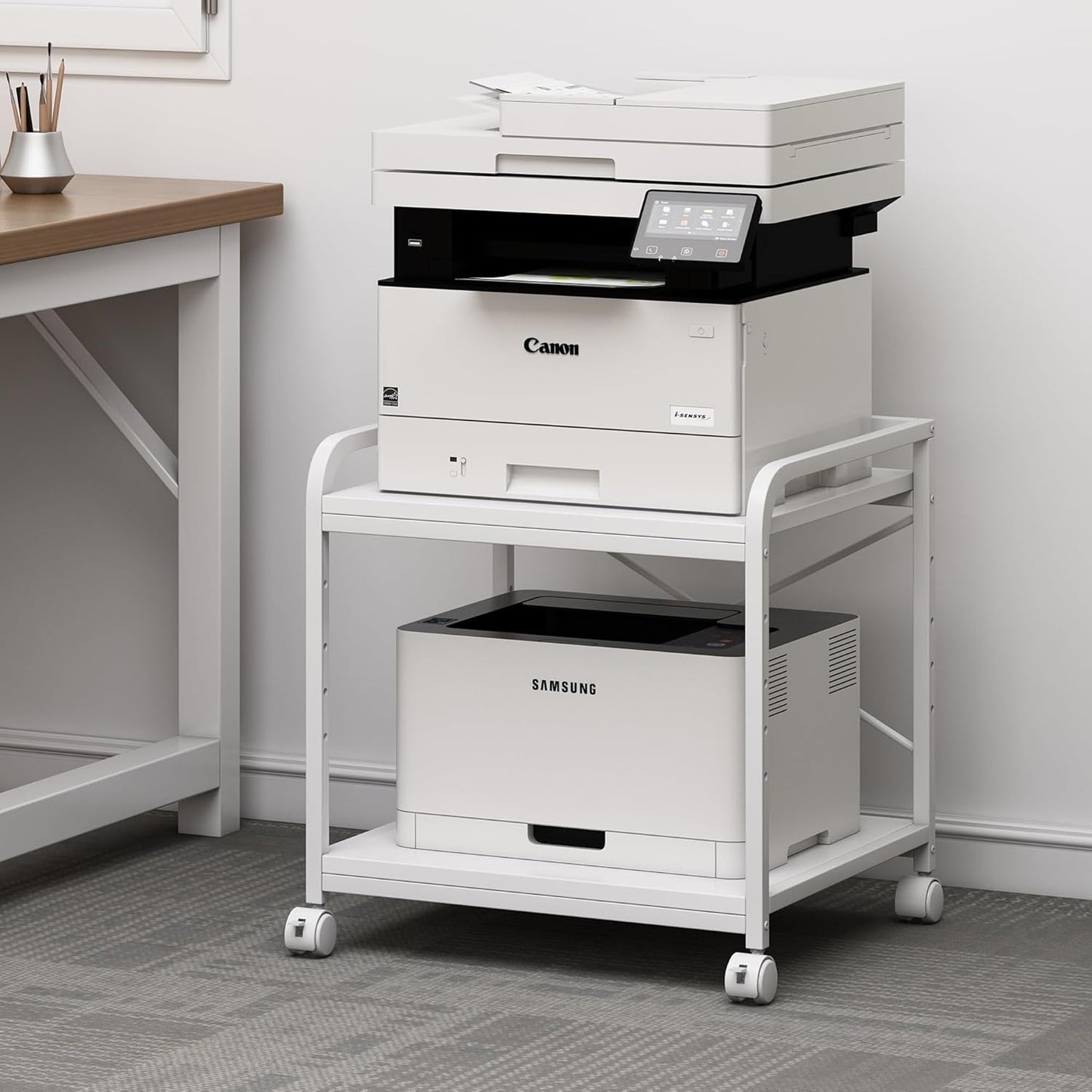 20 Inches Deep Large Printer Stand, 2 Tier Under Desk Printer Table with Height Adjustable Shelf, Rolling Printer Cart with Wheels for Home Office Storage - White