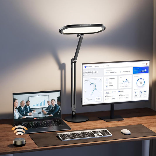 Eye-Caring Desk Lamp for Home Office – LED Soft Light with Knob Remote, Stepless Dimming & Color, Memory, Metal Table Lamp for Zoom, Studying, Video Conference, Flicker-Free, Glare-Free