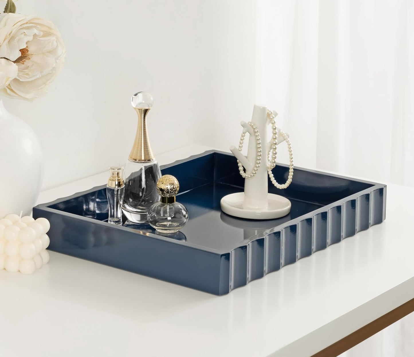 Kate and Laurel Lissi Decorative Rectangle Tray with Wavy Design, 16 x 12, Navy Blue, Modern Scalloped Serving Tray for Coffee Table Ottoman, Dining Table, or Entryway Catch-All Tray