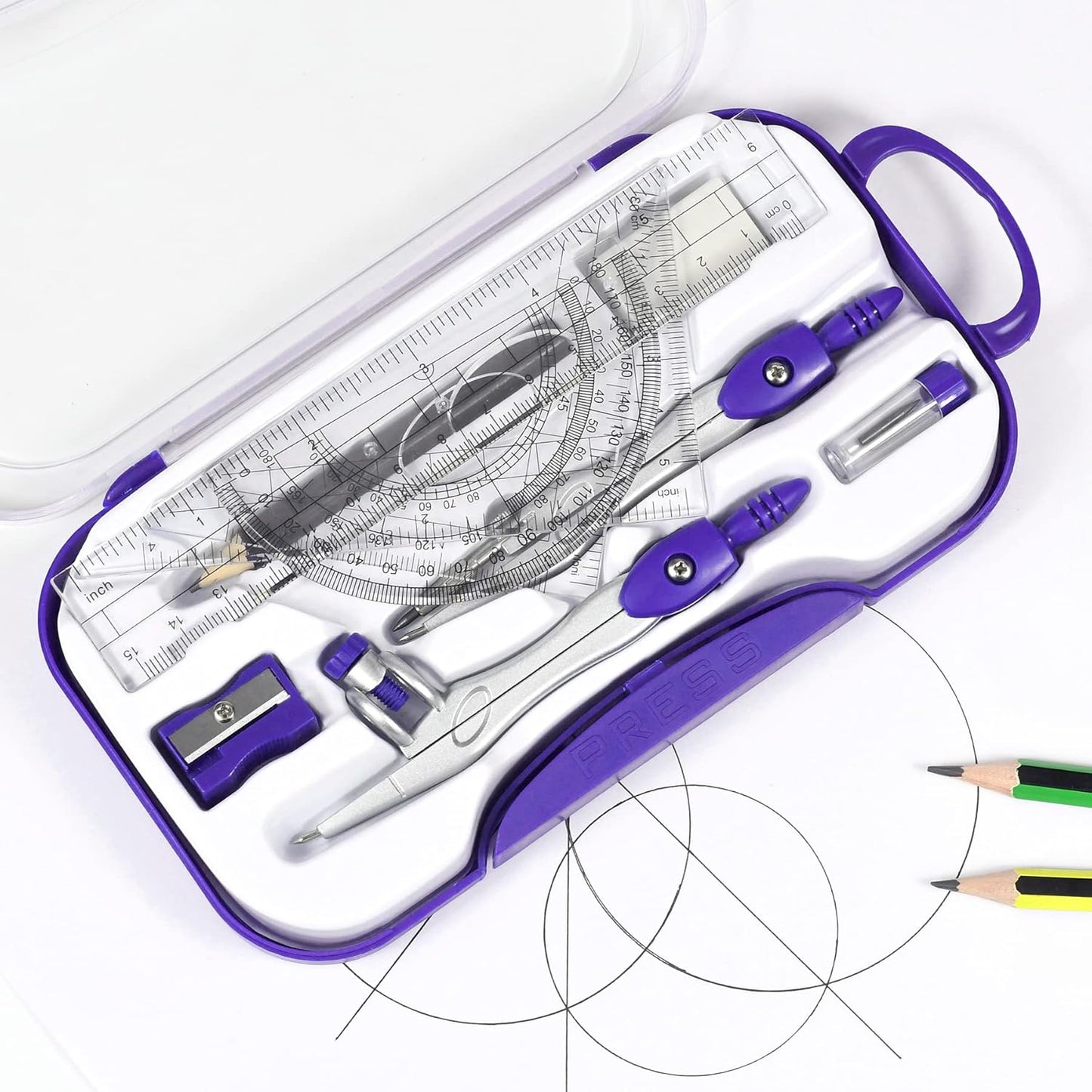 10 Pieces Math Geometry Kit Set Student Supplies with Shatterproof Storage Box,Includes Rulers,Protractor,Compass,Eraser,Pencil Sharpener,Lead Refills,Pencil,for School and Drawings（Purple）