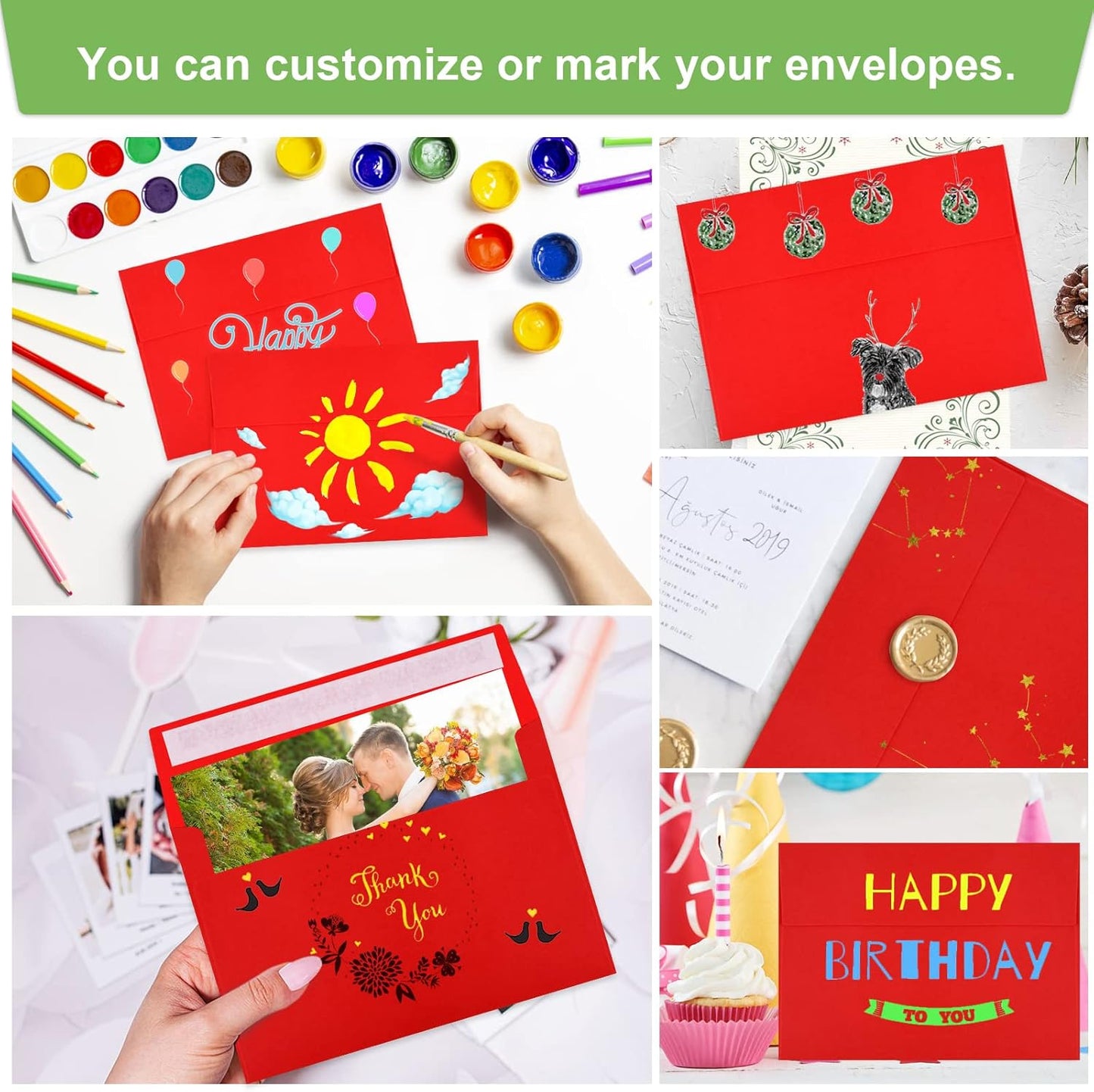 50 Pack 5x7 Envelopes - Self Seal for Weddings, Invitations, Photos, Greeting Cards & Mailing (Red)