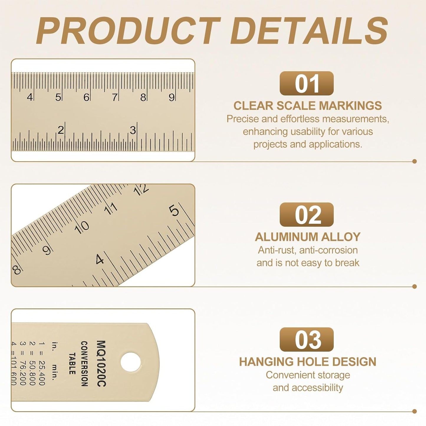 HARFINGTON 6pcs Metal Straight Ruler 20cm Metric SAE Aluminum Alloy Measuring Rulers Scale Tool with Hole for Measure Study Reading Classroom Office, Beige