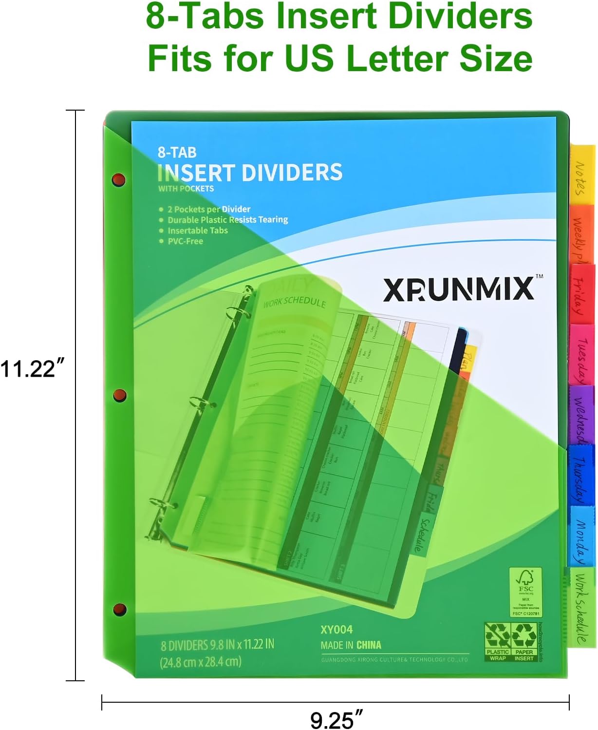 8-Tab Binder Dividers - Index Pockets Divider for 3 Ring Binders, 3-Hole Plastics Sheets Protectors for US Letter Size in 0.5'', 1'', 2'', 3 inch Binders, 8 Colors (XY004) (1 Pack)