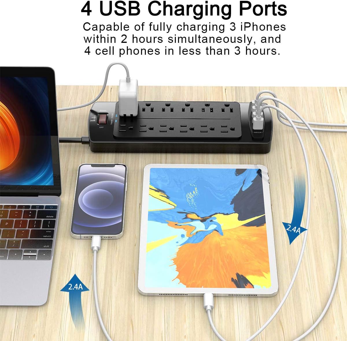 Power Strip, Tcstei Surge Protector with 12 Outlets and 4 USB Ports, 10 Feet Extension Cord (1875W/15A) for Home, Office, Dorm Essentials, 2700 Joules, ETL Listed, Black