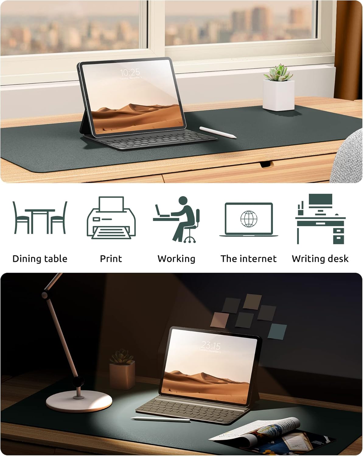 YSAGi Leather Desk Pad Protector, Office Desk Mat, Large Mouse Pad, Non-Slip PU Leather Desk Blotter, Laptop Desk Pad, Waterproof Desk Writing Pad for Home (23.6" x 13.8", Dark Green)