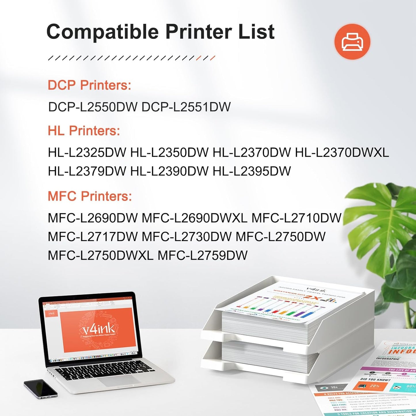 v4ink 4PK Compatible TN760 Toner Replacement for Brother TN760 TN-760 TN730 TN770 Toner Cartridge for Brother HL-L2350DW HL-L2390DW HL-L2395DW HL-L2370DW MFC-L2710DW MFC-L2750DW DCP-L2550DW Printer