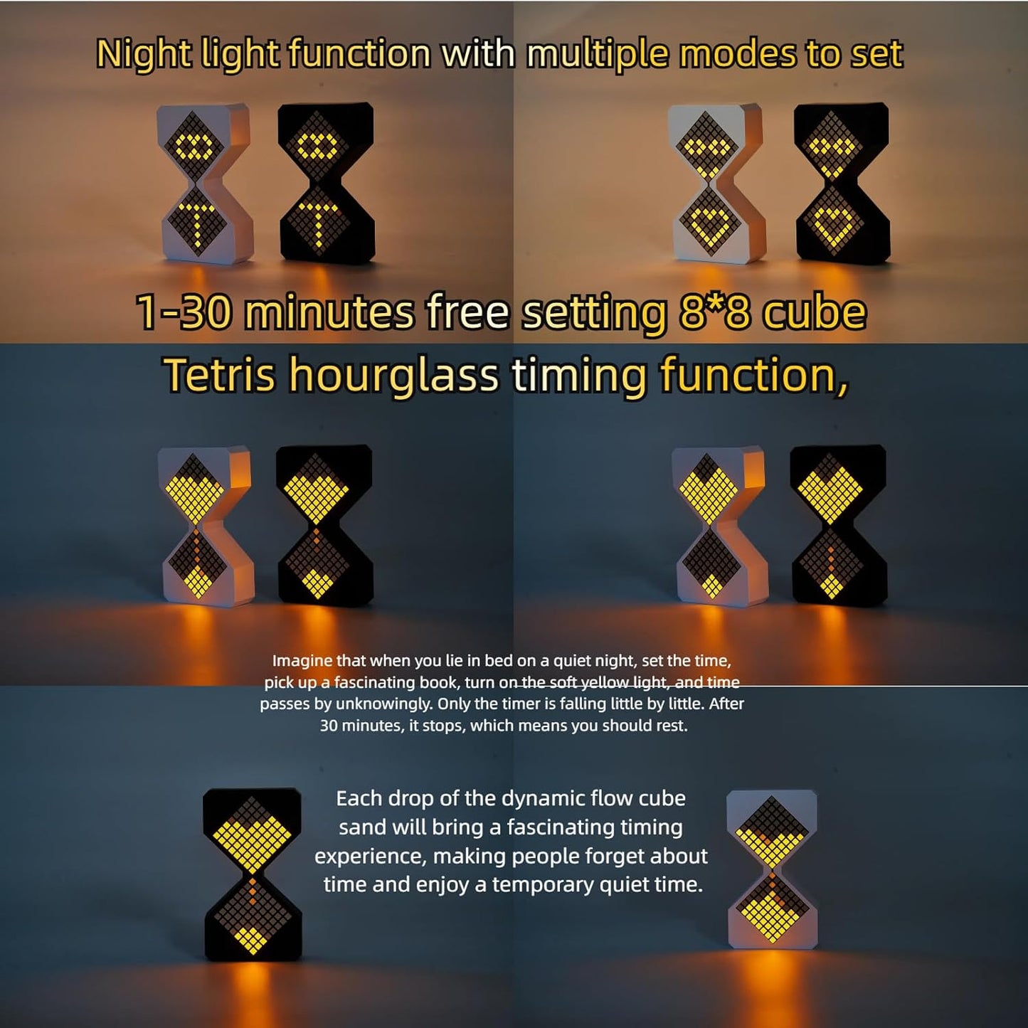 Digital Hourglass 1-30 Minute Freely Adjustable Gravity Timer Dynamic Flow Cube Led Night Light Hourglass Timer for Classroom Home Office Cooking (Black, White Light Source)