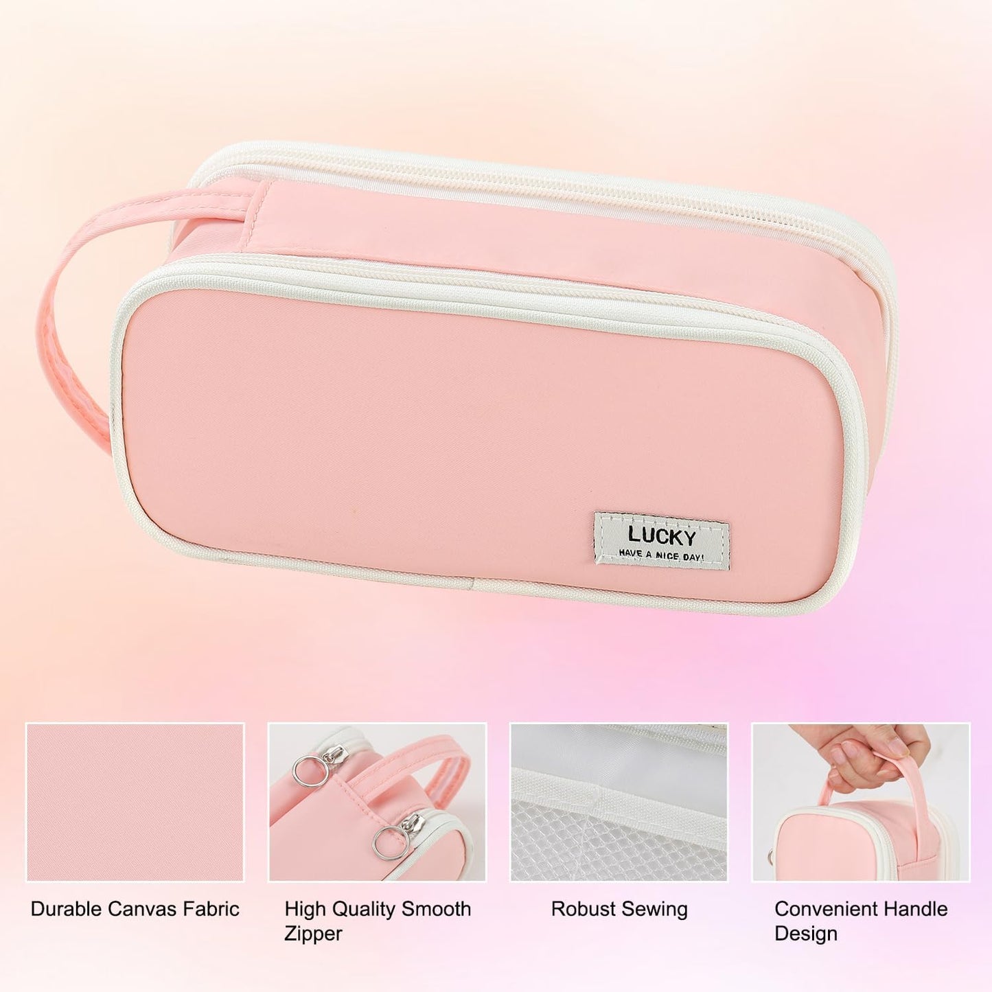Pencil Case Large Zipper Pencil Pouch for Girls Kids Teens Adults Aesthetic Pencil Bag Stationery Organizer Pen Pencil Case with Handle for School Pink