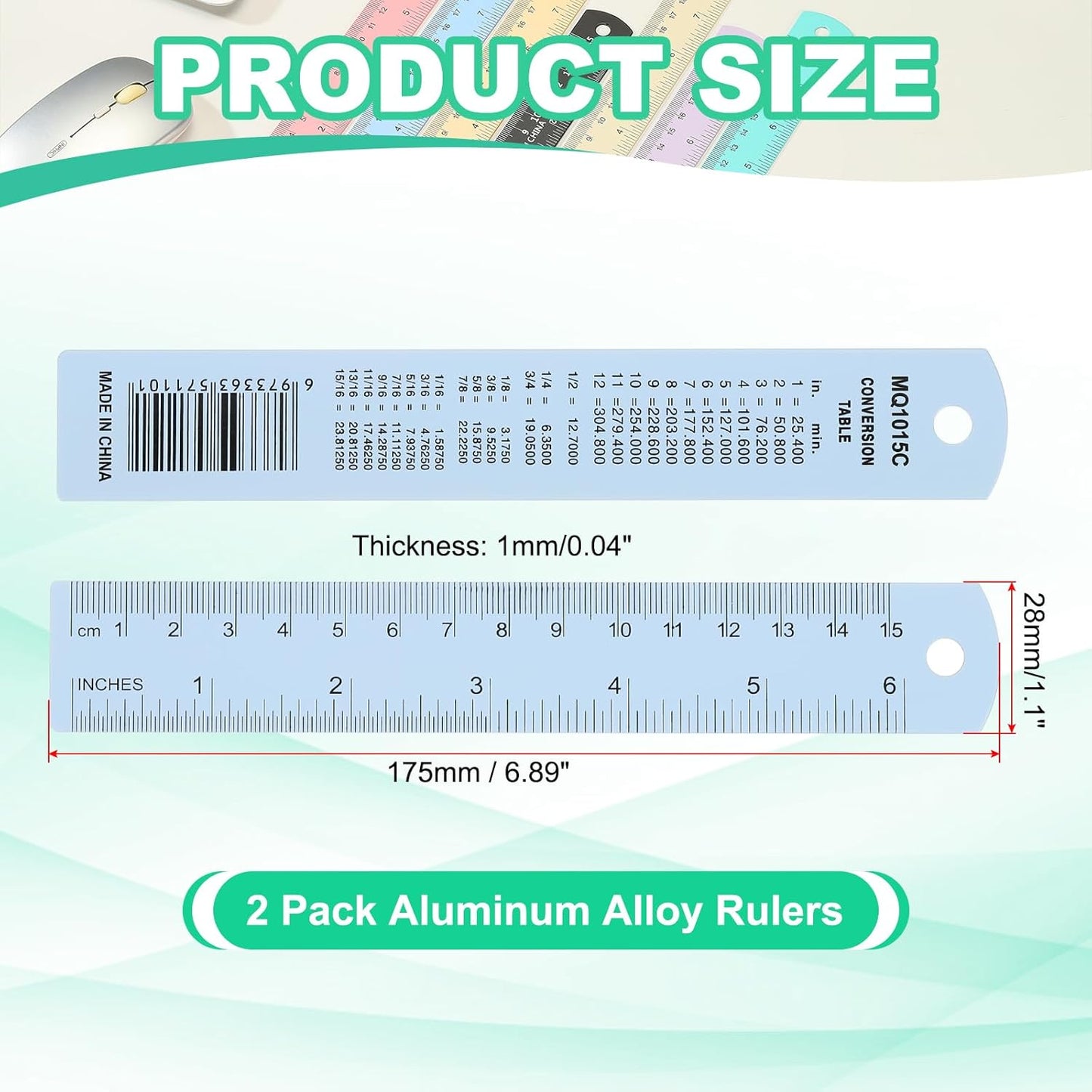 PATIKIL 15cm/6" Metal Ruler, 2 Pack Aluminum Alloy Rulers with Centimeters, Millimeters, Inches and Conversion Table Straight Edge Ruler for Writing Machinist Drafting, Blue