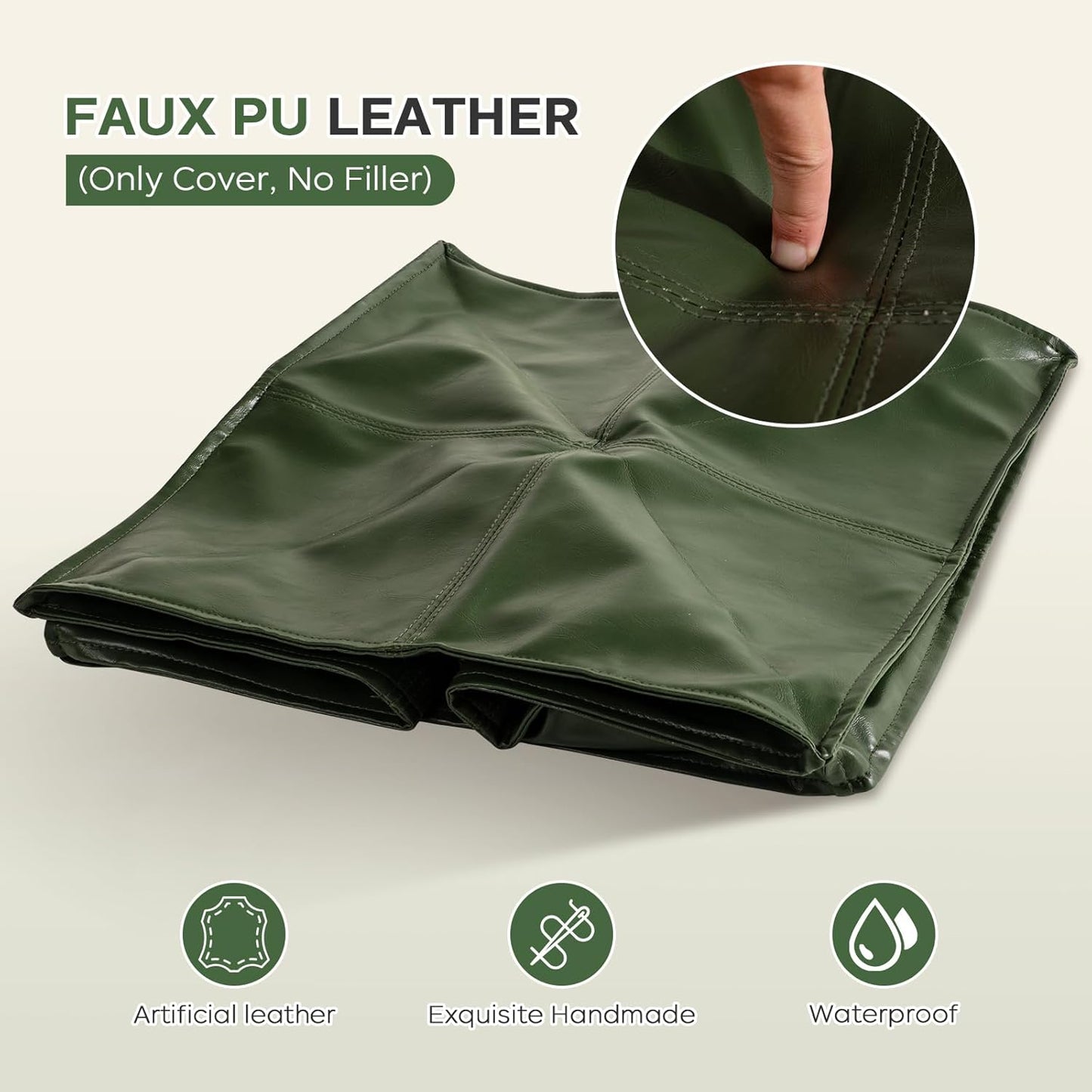 Unstuffed Pouf Cover, 17.7" Faux Leather Poofy Ottoman Cover, Square Footstool For Storage Living Room Decoration Foot Rest, Footrest for Bedroom Balcony Office Chair, (Only Cover, No Filler), Green