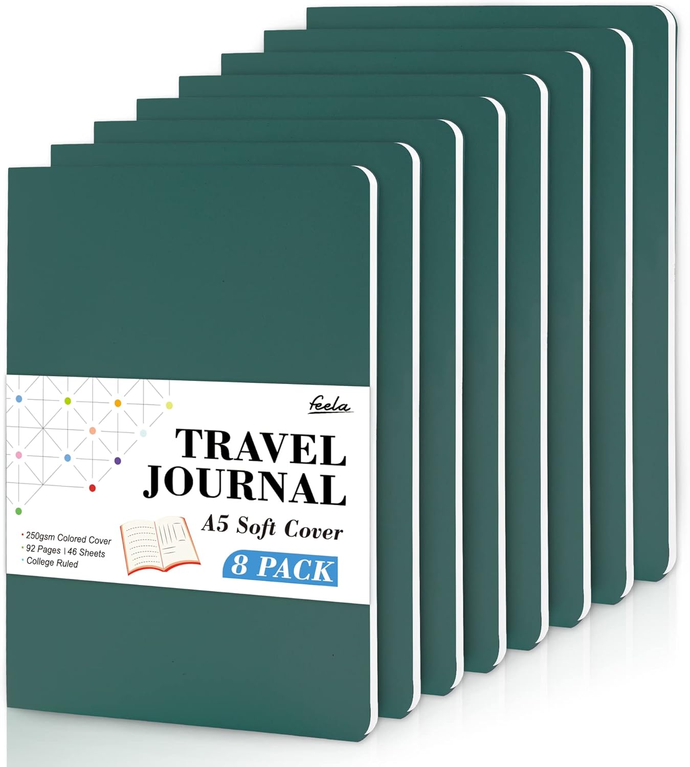 8 Pack Soft Cover Journal Bulk, Feela Notebooks College Ruled for Work, Lined Travel Journal for Women Men, Note Taking Notebook School Supplies Business Writing, 8.2” x 5.5”, A5, Dark Green