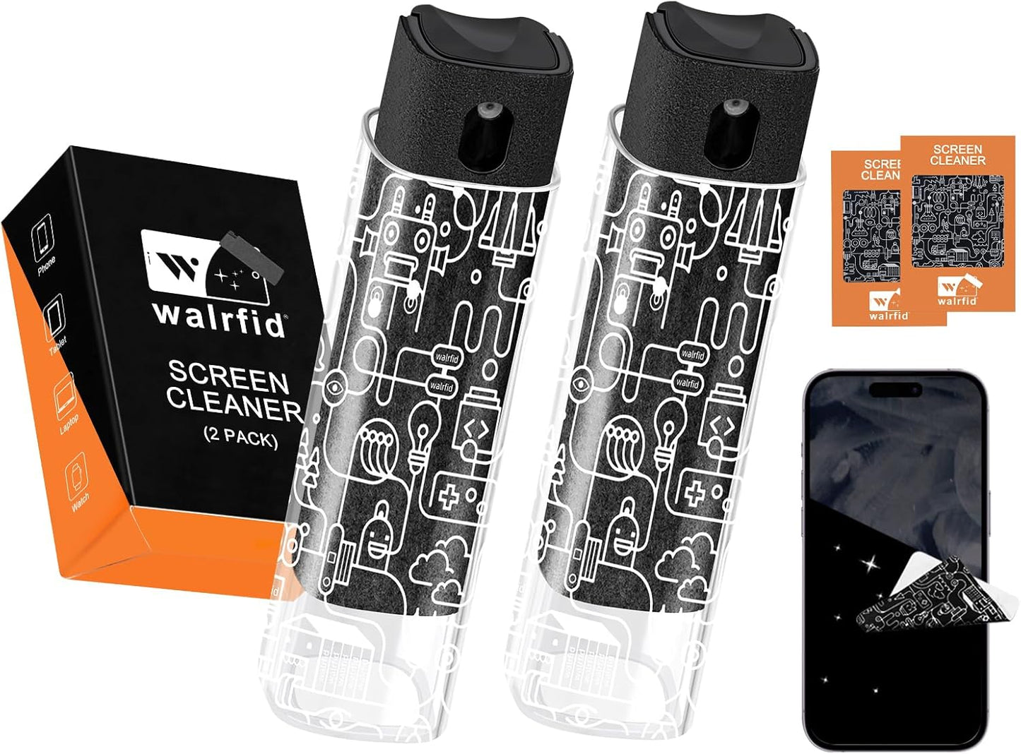 walrfid 2 Pack Car Screen Cleaner, Computer Screen Cleaner Spray and Wipe, Laptop Cleaning Mist Kit for Electronic iPad, iPhone, Phone, MacBook, TV, Monitor, Tablet Display, with Graffiti Case, Black