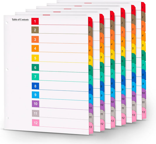 Tab Dividers for 3 Ring Binders – 6 Sets, 1–12 Numbered Index Dividers with Table of Contents – 8.5 x 11 in, 3-Hole Punched – Binder Dividers for School, Office, Filing, Organizing - 6 Pack