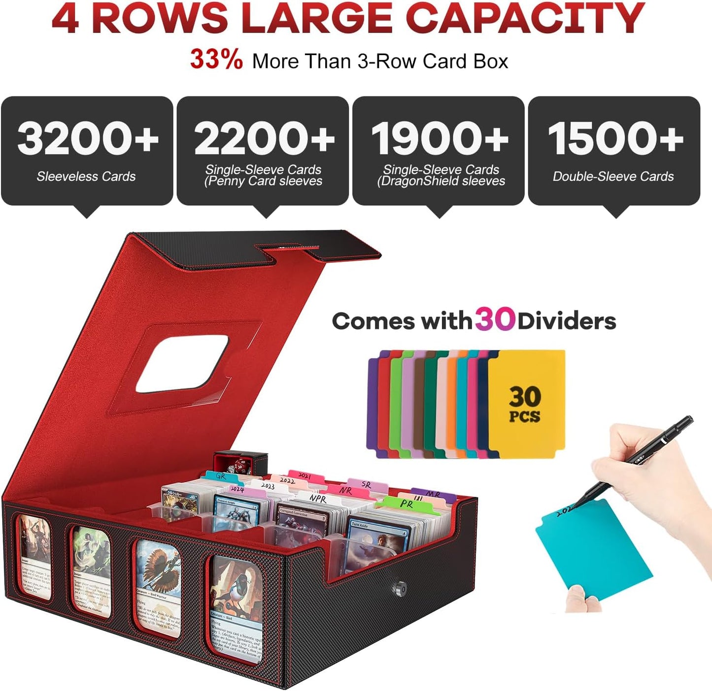 Card Storage Box 3200+ MTG Deck Box with 30 Colorful Divider, 4 Row Commander Trading Card Cases with Portable Handle & Display Windows, Fits for MTG/TCG/Magic Cards, Patented Design