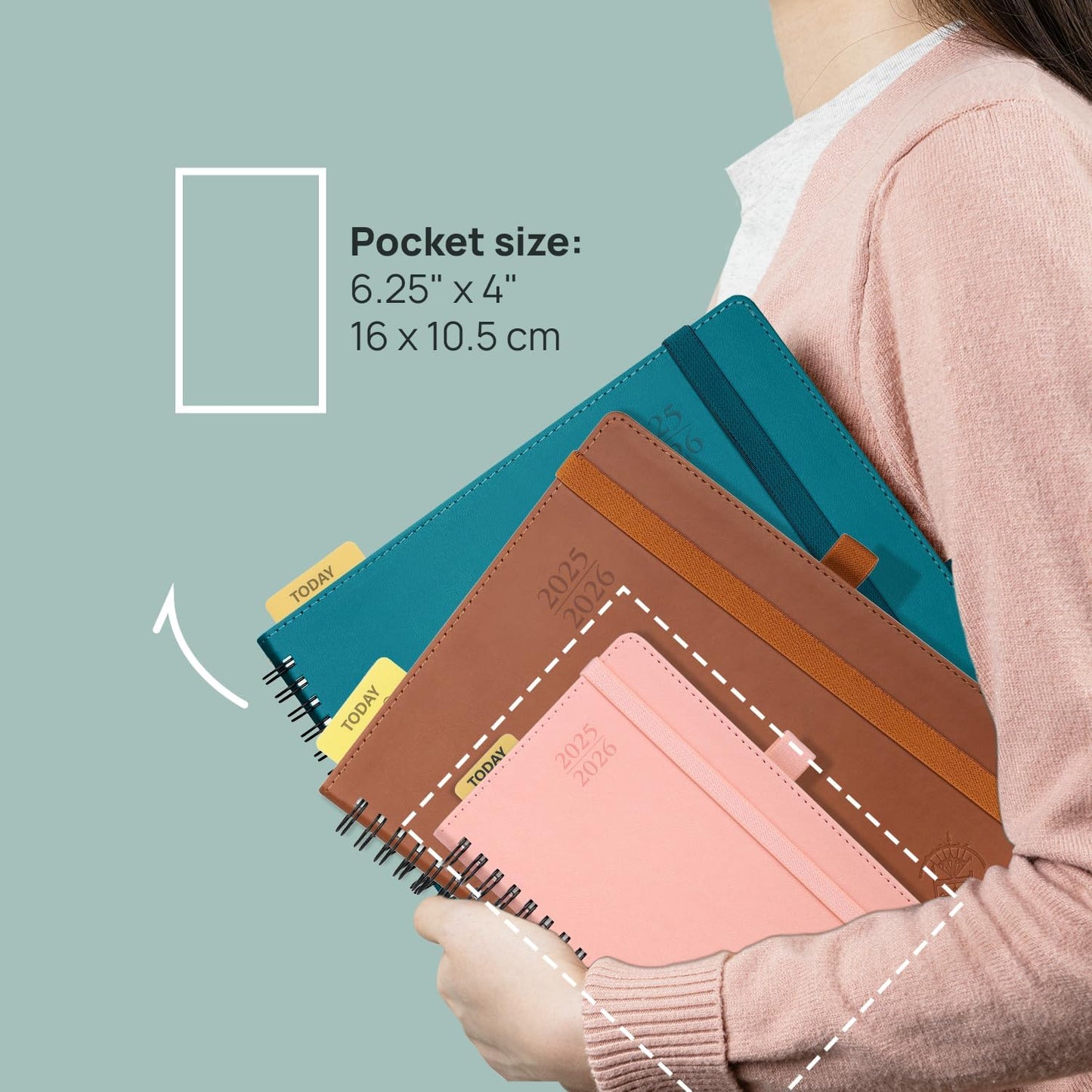 POPRUN Pocket Planner 2025-2026 (Purse Size 4'' x 6.25'') Academic Purse Calendar (July 2025 - June 2026) with Hourly Time Slots, 100GSM Thick Papers, Spiral Leather Cover - Blue Green