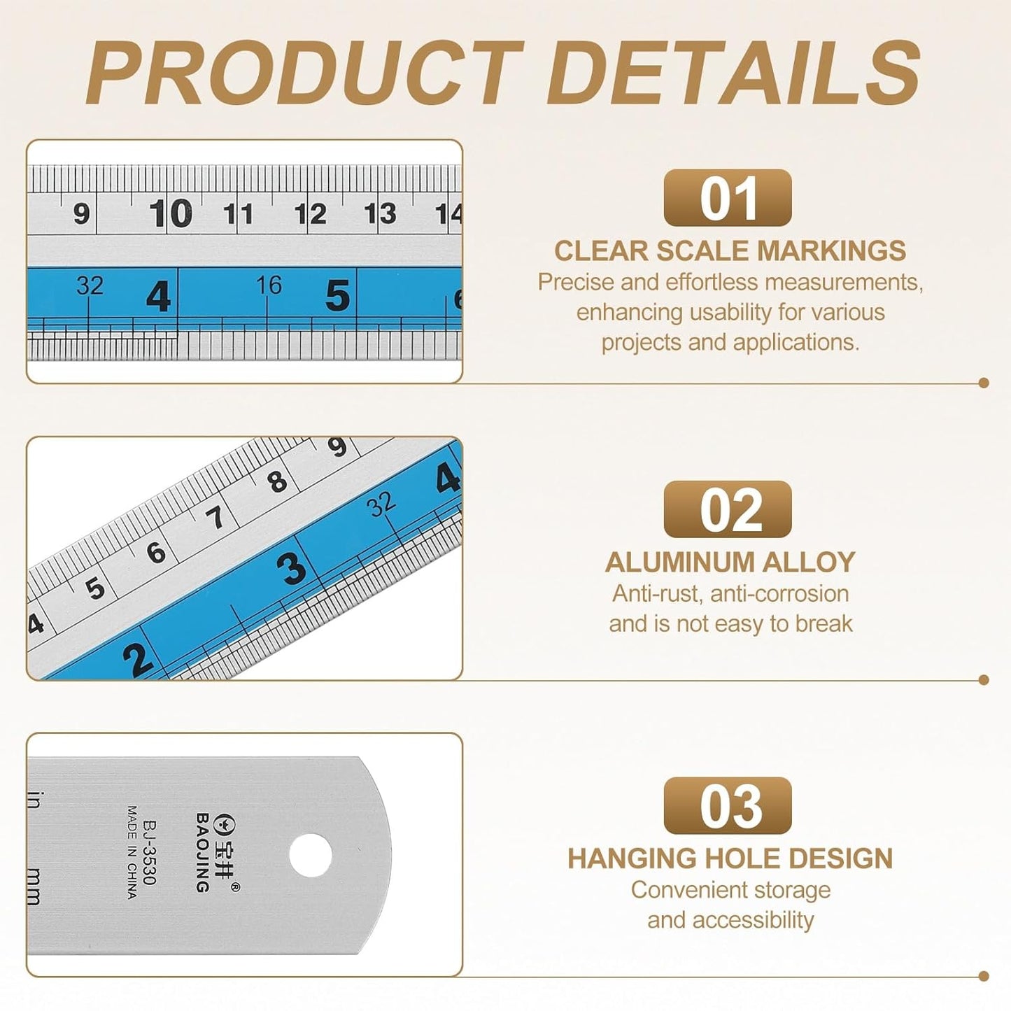 HARFINGTON 6pcs Metal Straight Ruler 20cm Metric SAE Aluminum Alloy Measuring Rulers Scale Tools with Hole for Measure Study Reading Classroom Office, Blue