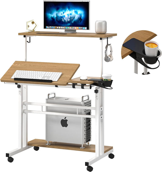 Mobile Standing Desk, Adjustable Rolling Computer Desk with 3 Desktops, Portable Laptop Table with Cup Holder, Home Office Laptop Workstation on Lockable Wheels,Khaki