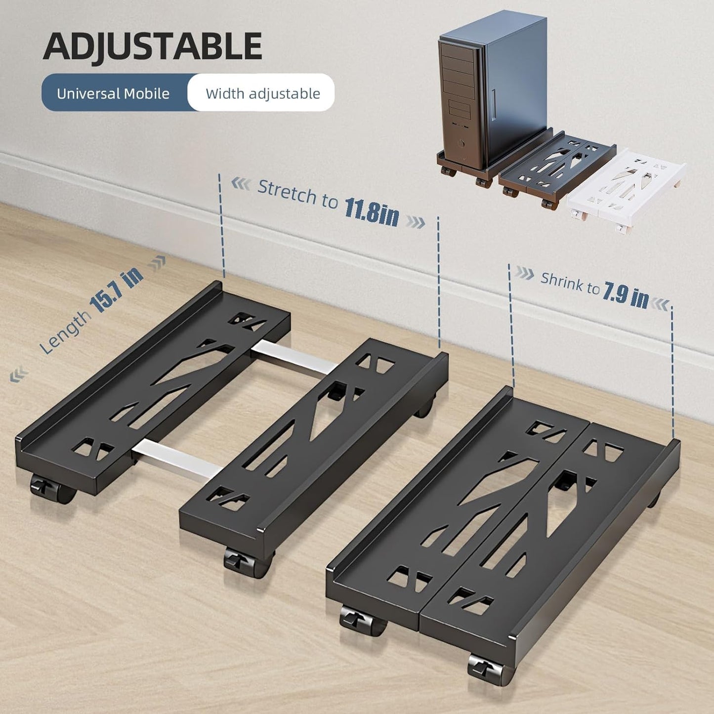 Adjustable Mobile CPU Stand, Ventilated Computer Tower Stand with 4 Caster Wheels Fits Most PC Tower, Under Desk CPU Holder PC Floor Cart Computer Riser for Gamers and Students (Gray)