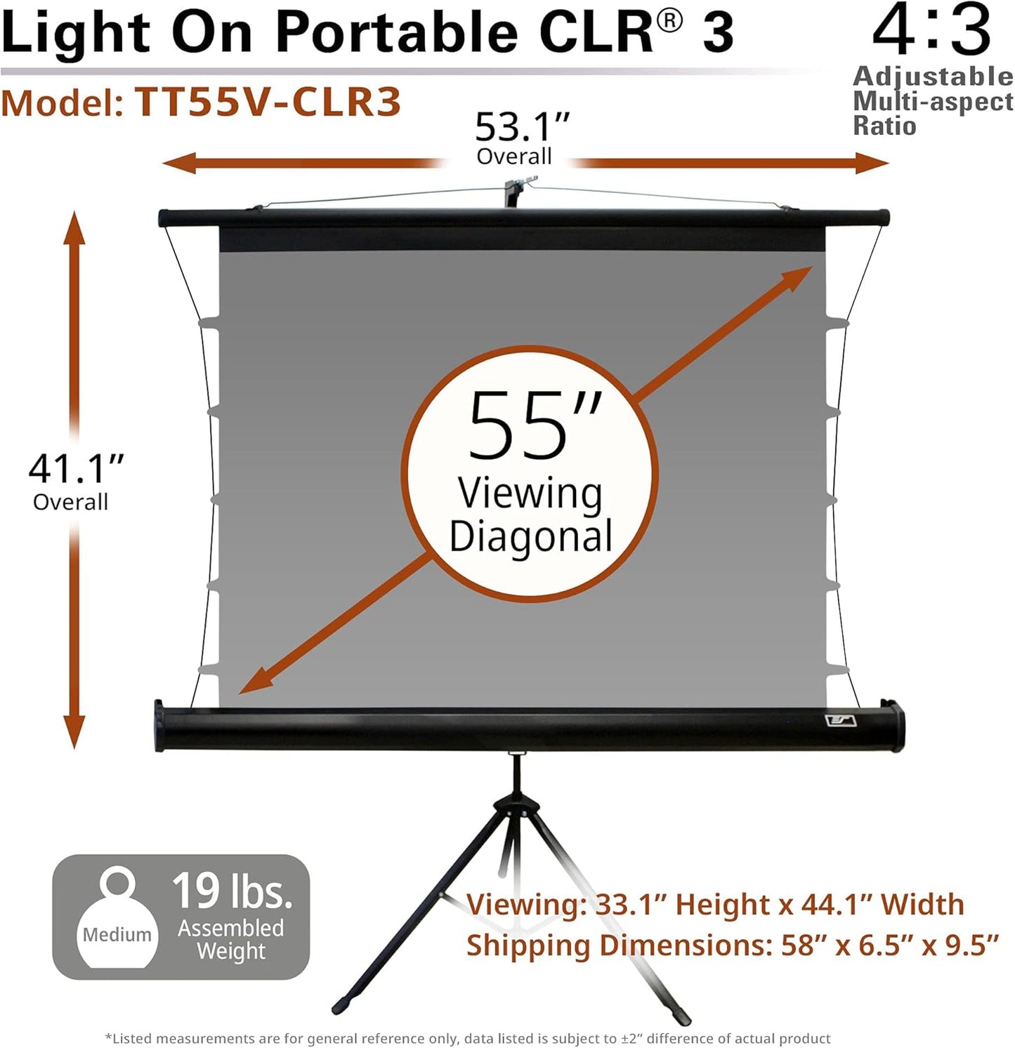 Elite Screens 55-Inch Upgraded ALR Portable Projector Screen with Tripod Stand, Height Adjustable, 4:3 Screen for Ultra Short Throw Projectors, Indoor Home Theater Movie Screen – TT55V-CLR3