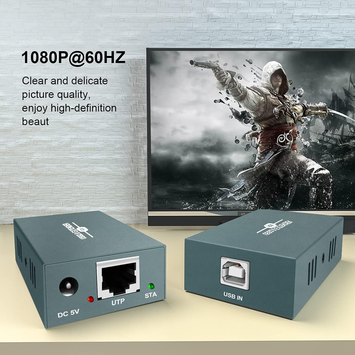 USB Extender Over Ethernet RJ45 LAN Extension, with 4 USB 2.0 Ports, Transmit 50m/165ft Over Ethernet Cat5/5e/6/7, Support Power Over Cable, Play and Plug, No Driver Required