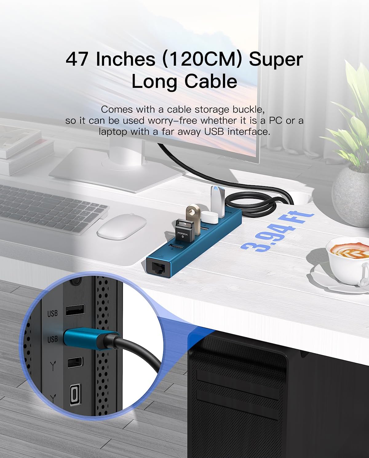 7 Ports USB 3.0 Hub, USB to Network HUB with 3.9ft Long Cable for Laptop, USB Splitter with Gigabit Ethernet Port and 5V/3A Power Port, MultiPort Aluminum Hub for iMac, PC, Flash Drives (Blue)