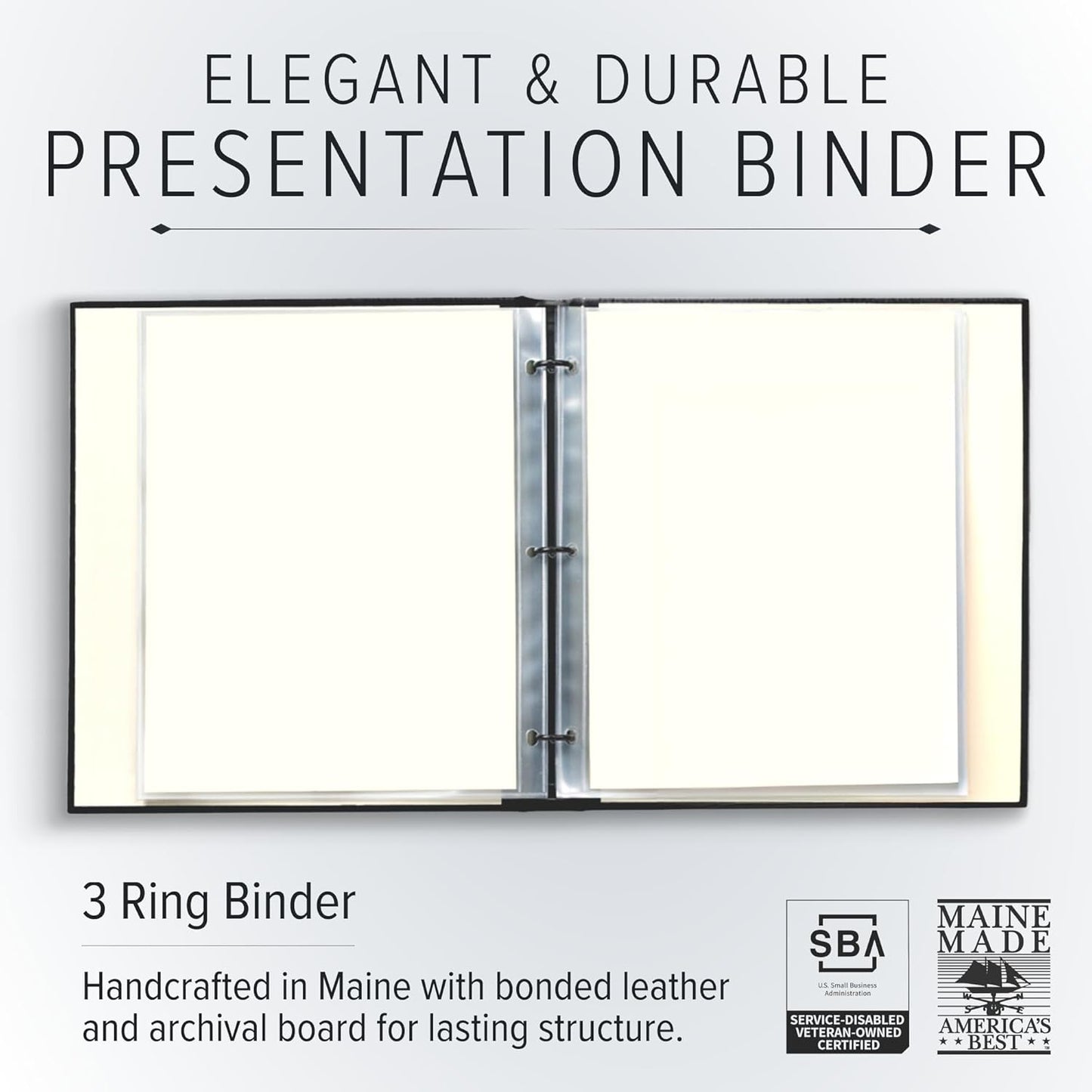 Gallery Leather 3 Ring Binder with Plastic Sleeves, Includes 10 Sheets, Sheet Size: 8.5" x 11" - Presentation Binder Rings with Window and Hubbed Spine, Thick: 0.75" Freeport Slate