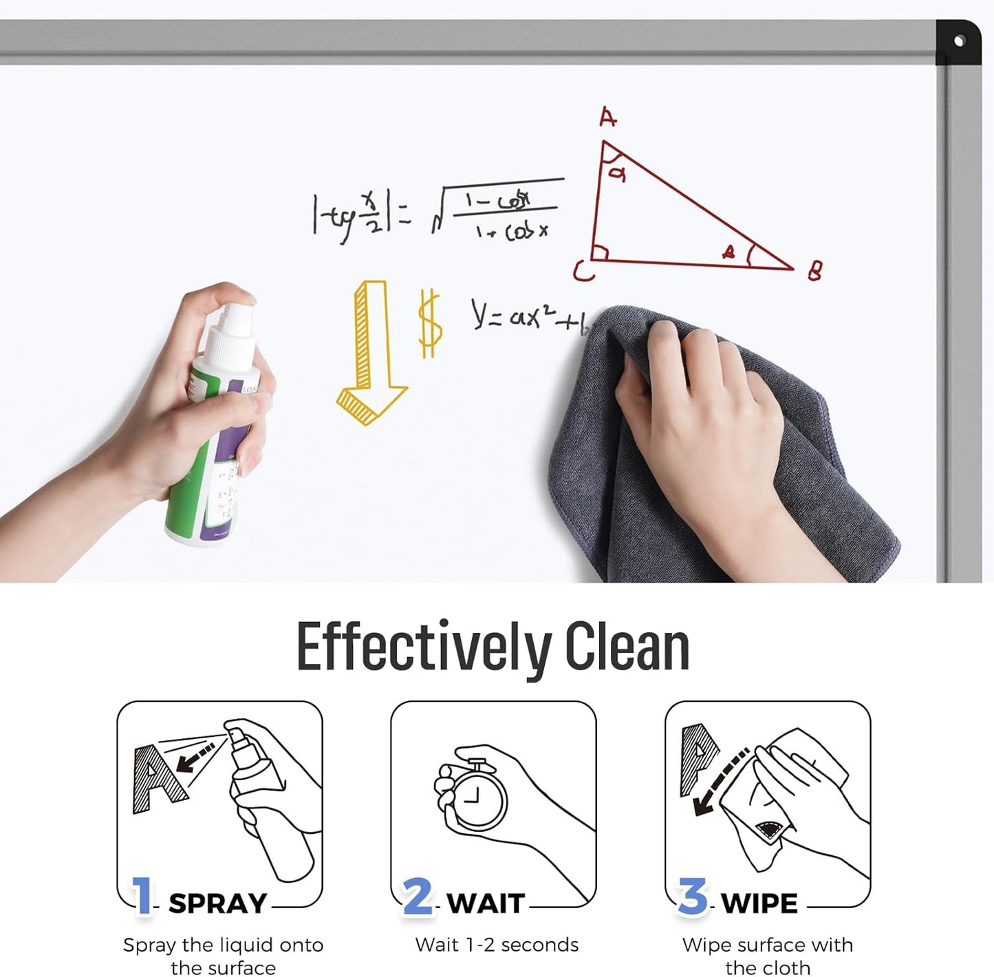 loukin 2 Pack Magnetic Cleaning Cloth, Microfiber Dry Erase Eraser, Washable Whiteboard Cleaning Cloth for Classroom, Home and Office, Gray, 12" x 12" - 3.4 fl oz Whiteboard Cleaner Included