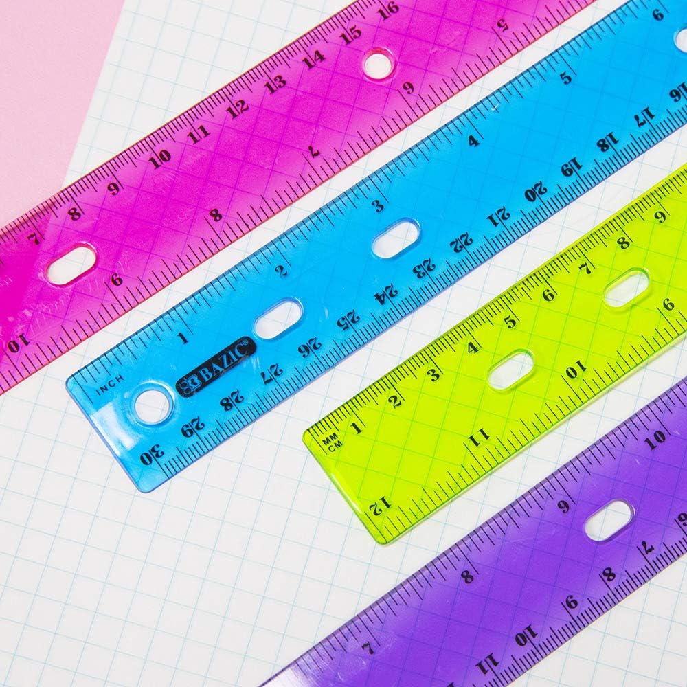 BAZIC Jeweltones Color Plastic Ruler 12" (30cm), Inches Centimeter Metric Measuring Drafting Rulers, for Students School Supplies (4/Pack), 24-Packs