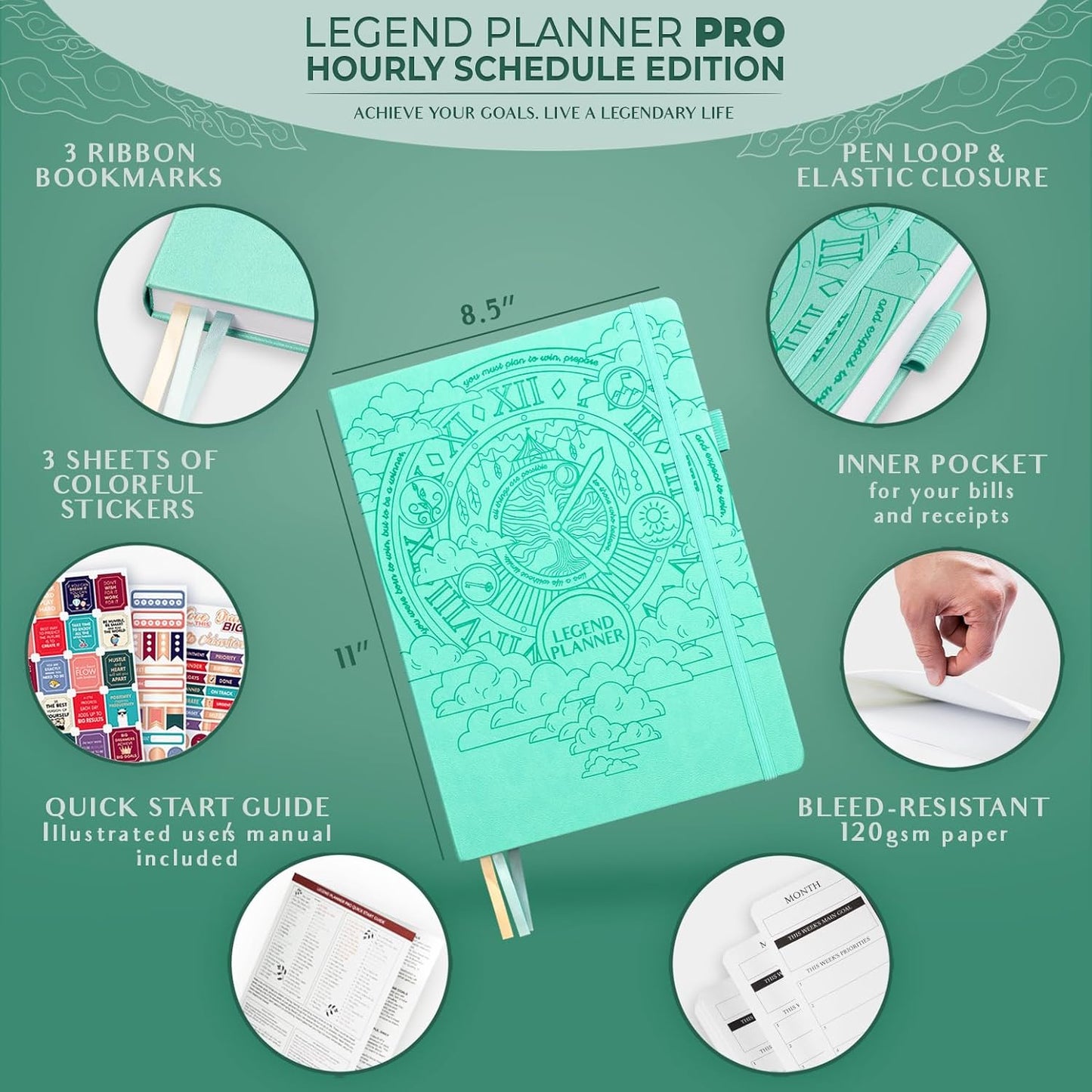Legend Planner PRO Hourly Schedule - Weekly & Daily Organizer with Time Slots. Appointment Book Journal for Work & Personal, A4 (Aquamarine)
