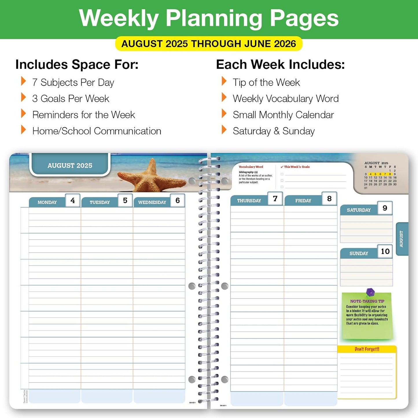 Global Datebooks Dated Middle School or High School Student Planner for Academic Year 2025-2026 Includes Ruler/Bookmark and Planning Stickers (Matrix Style - 8.5"x11" - Spectrum)