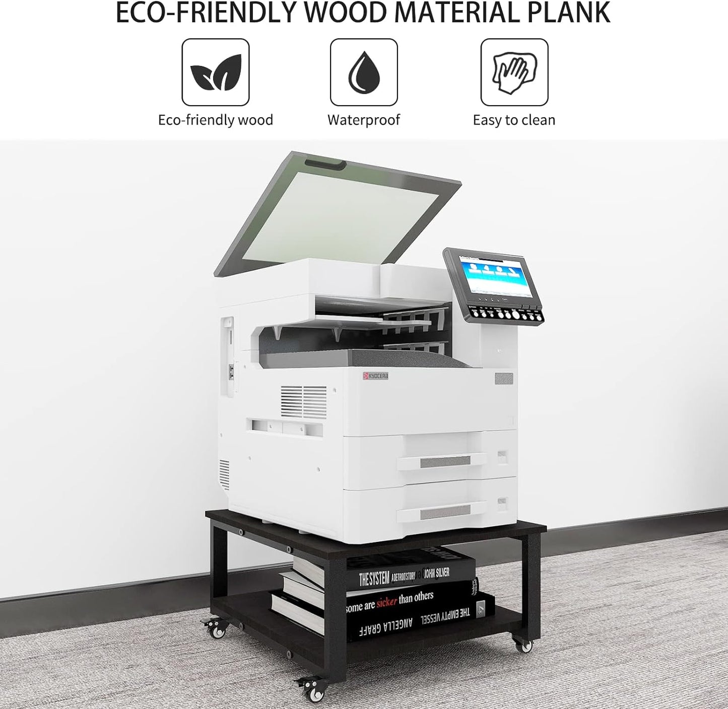 Natwind 2 Tier Laser Printer Stand,23.6''x23.6'' Large Printer Table,Copier Stand with Wheels, Heavy Duty Rolling Printer Cart with Paper Storage Shelf for Home Office (Black)