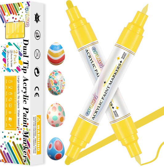 Paint Markers Paint Pens - 2 Pack Dual Tip Acrylic Permanent Marker (0.7mm & 3mm), Non-Toxic, Water-Based for Art Painting, Stone, Ceramic, Glass, Wood, Fabric, Metal, DIY Crafts (Yellow)