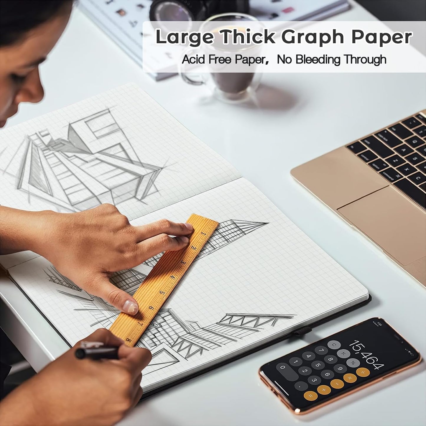 Graph Paper Notebook, Hardcover Notebook 8.5 x 11, Grid Notebook Journal for Women, Men, Large Leather Journals for Writing, Thick Paper, A4 Notebooks for Work, School Supplies, Engineering Black