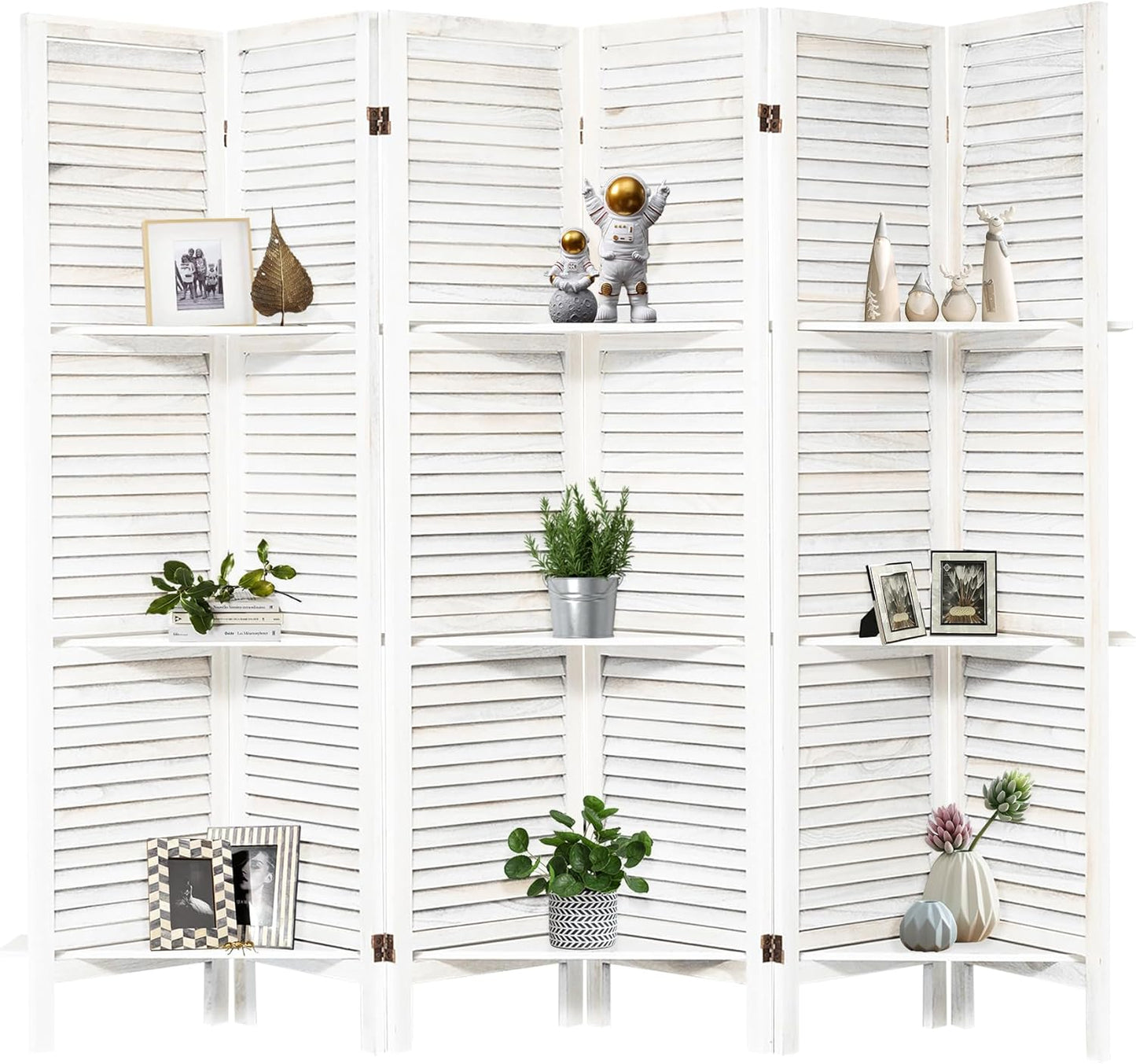 NicBex 6 Panel Room Divider,5.6FT Wood Carved Room Dividers with Display Shelves Folding Privacy Screens Portable Freestanding Partition Wall Dividers for Room Separation,Home Bedroom Office,White