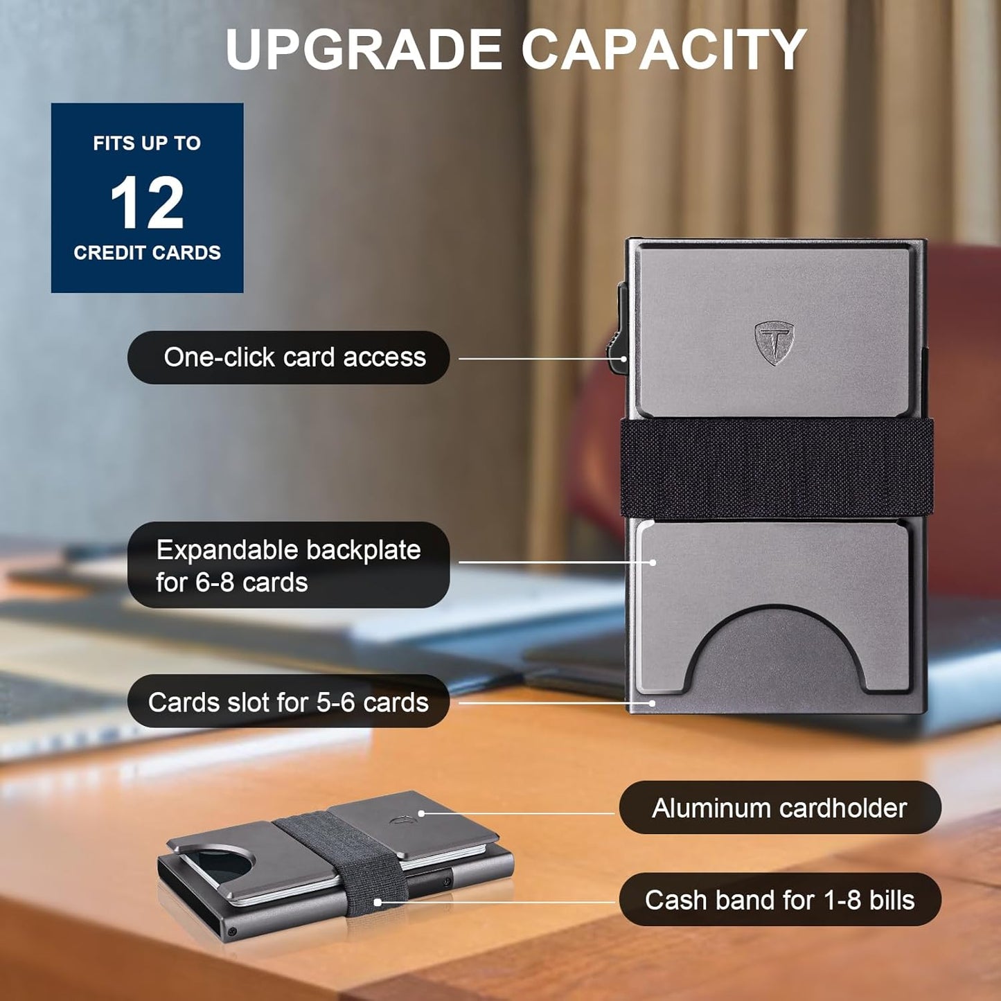 Slim Pop Up Wallets,Men's Front Pocket Card Holder with RFID Blocking Expandable Backplate & Cash Band Aluminum Minimalist Wallet Gift for Boyfriend/Dad/Friends Holds 12+ Cards,Grey