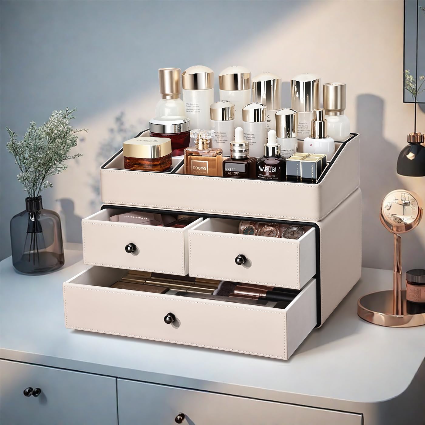 KINGFOM Leather Makeup Organizer with 3 Drawers, 2 Tier Cosmetic Storage Organizer for vanity Dresser Countertop and Bathroom Vanity, Beauty Holder for Lipstick Brush Skincare (Beige)