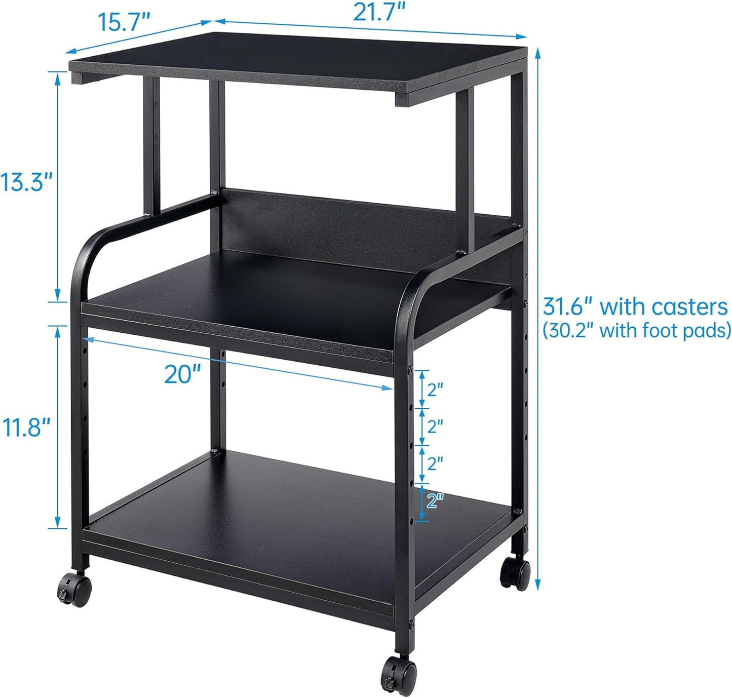 Printer Stand, 3 Tier Printer Table with Height Adjustable Storage Shelf, Rolling Printer Cart with Wheels for Home Office Organization, Black