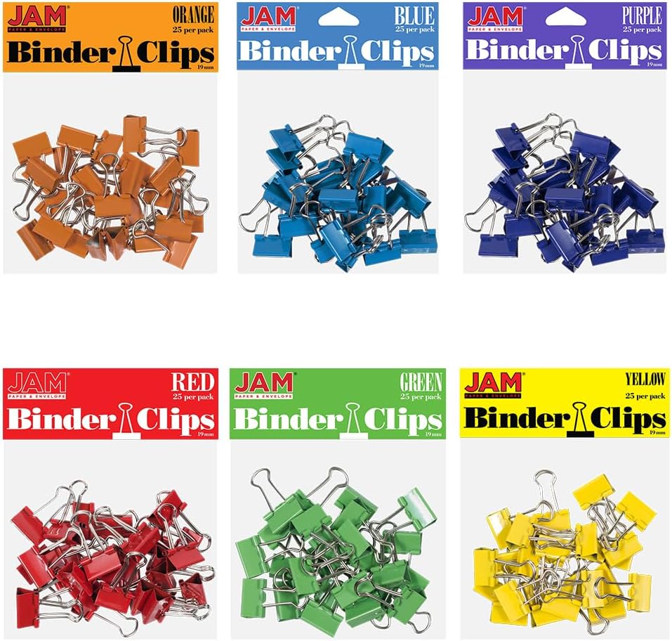 JAM PAPER Colorful Binder Clips Assortment - Small - 3/4 Inch (19 mm) - Assorted Rainbow Colors - 150 Binderclips/Pack