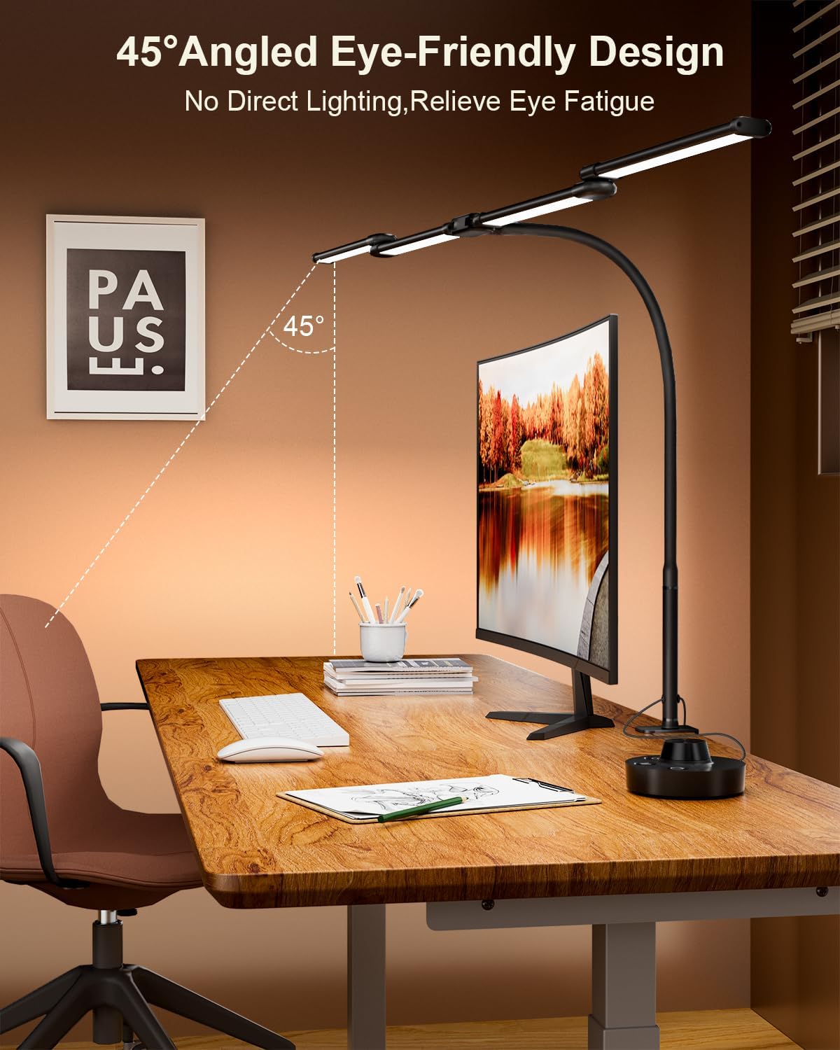 LED Desk Lamp with Clamp, 24W Ultra Architect Desk Lamp for Home Office, Stepless Dimming & Adjustable Gooseneck, Eye-Caring Light with USB Adapter for Reading, Study, Multi-Screen Setup (Black)