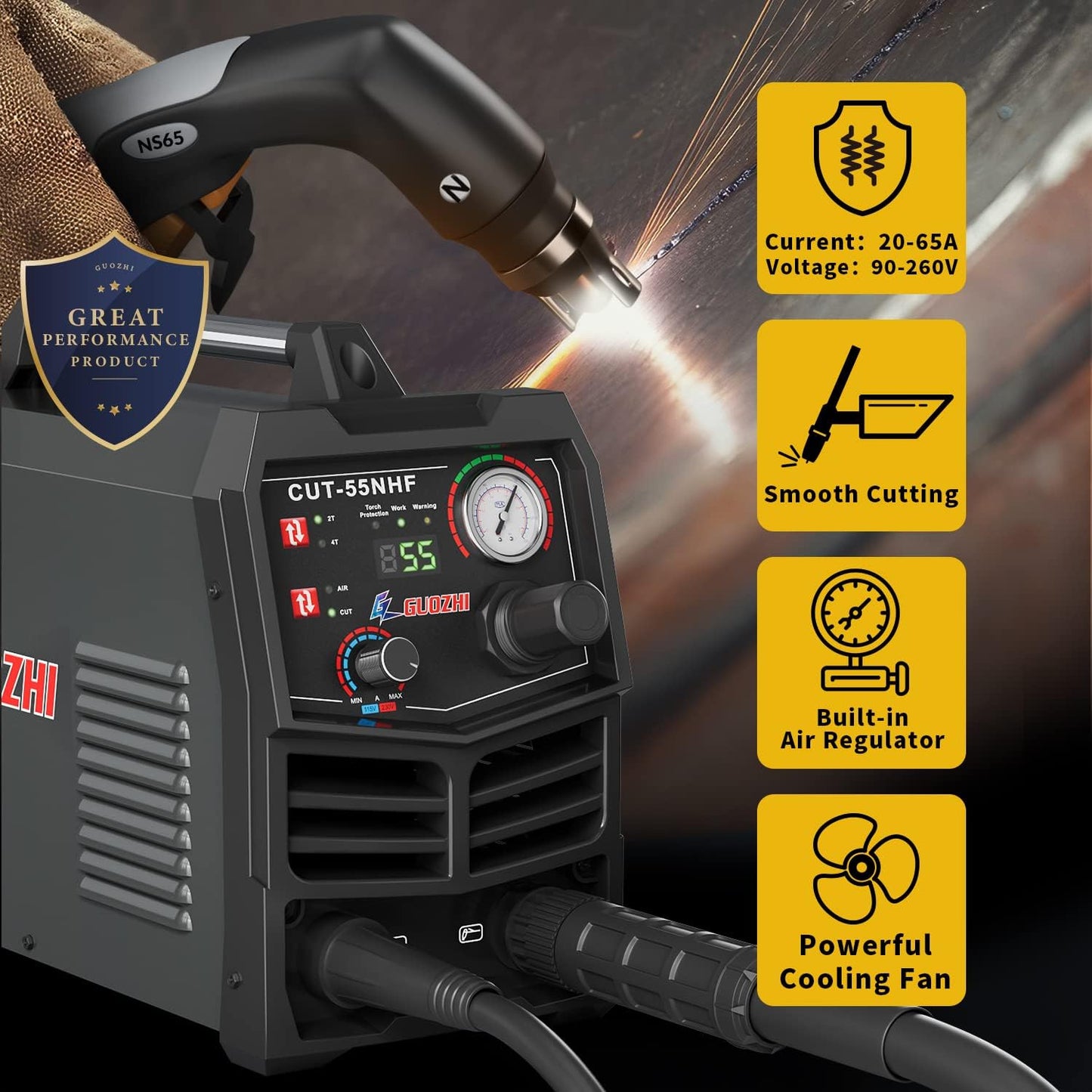 GZ GUOZHI CNC Plasma Cutter, 55 Amp Non-HF Non-Touch Pilot Arc, THC Torch Height Control Enabled, Dual Voltage 110V/220V Digital Plasma Cutter Machine